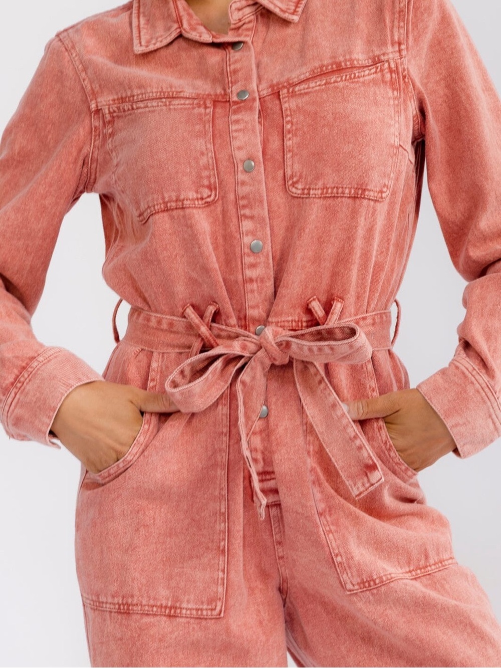 Coral Washed Denim Button-Up Utility  S Jumpsuit Belted 100% Cotton - Picture 6 of 11